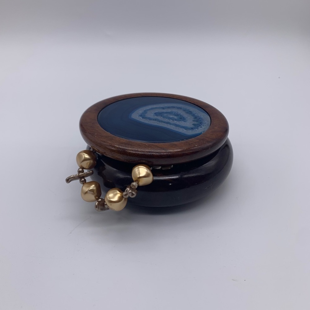 Woodstones Natural Blue Agate Stone Inlaid Round Jewelry Box Trinket Box -Brazil